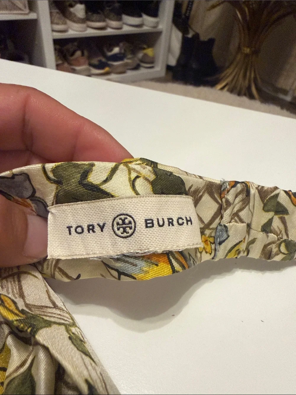 Tory Burch Floral Bird Print Silk Scarf in Cream, Yellow & Blue